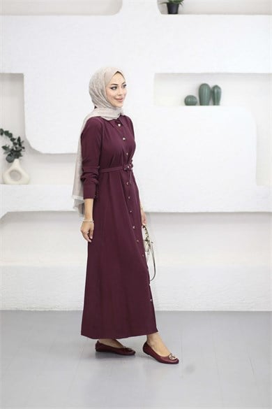 Düğmeli Tencel Gömlek Elbise Bordo 5499