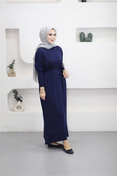 Taşlı Merserize Elbise Lacivert 25270