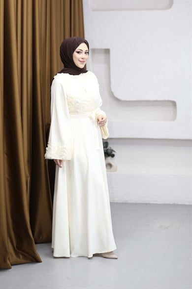 Güpür Dantel Detaylı Elbise Krem 26088