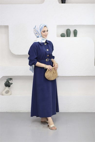 Yakalı Kemerli Elbise Lacivert 5525
