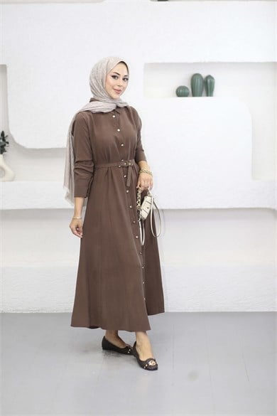 Düğmeli Tencel Gömlek Elbise Kahverengi 5499