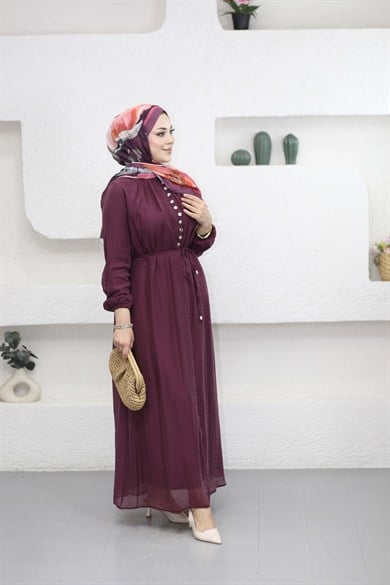 Yarı Düğmeli Elbise Mürdüm 5353