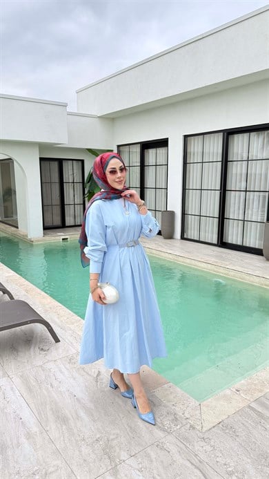 Beli Lastikli Kemer Detaylı Gömlek Elbise Bebe Mavi 5518