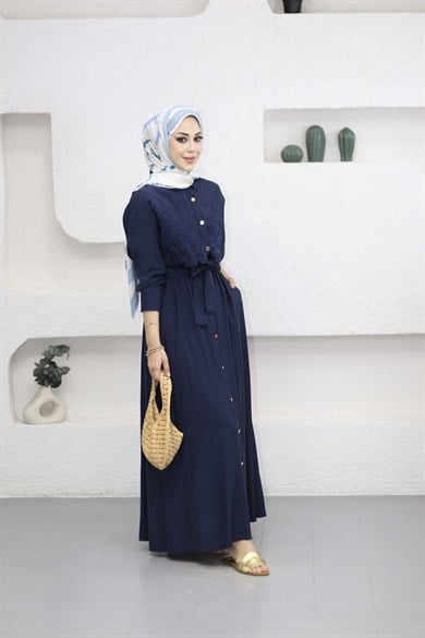 Nakışlı Modal Elbise Lacivert 3130
