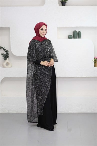 Payet Pelerinli Elbise Siyah 6647