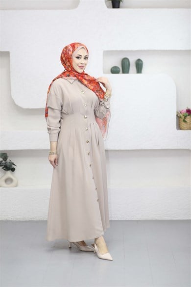 Bel Detaylı Ön Düğmeli Tencel Elbise Bej 5509