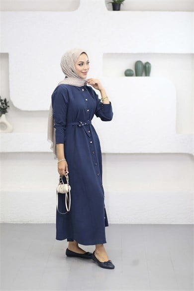 Düğmeli Tencel Gömlek Elbise Lacivert 5499