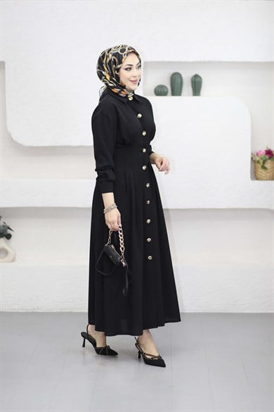 Bel Detaylı Ön Düğmeli Tencel Elbise Siyah 5509