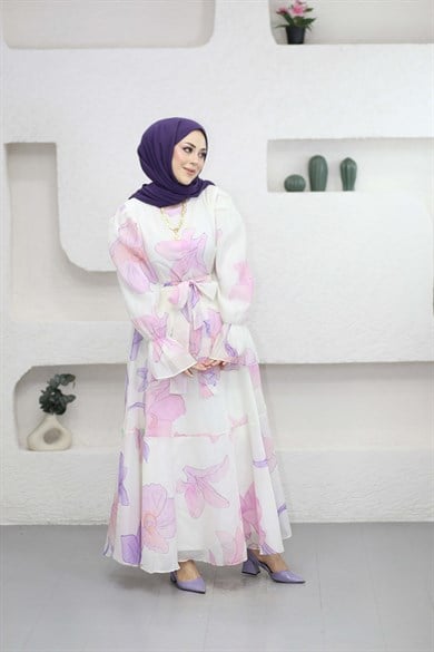 Çiçekli Kuşaklı Elbise Lila 26168