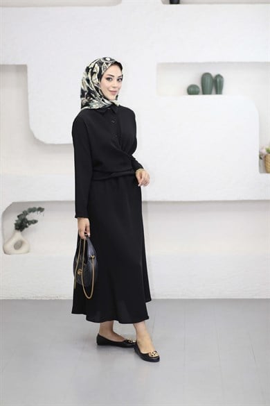 Çapraz Kuşaklı Çan Elbise Siyah 5542