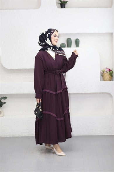 Püskül Detaylı Elbise Mürdüm 4496
