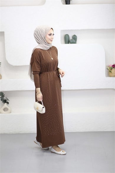 Taşlı Merserize Elbise Kahverengi 25270