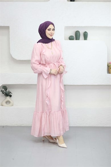 Yan Fırfırlı Elbise Pembe 1645