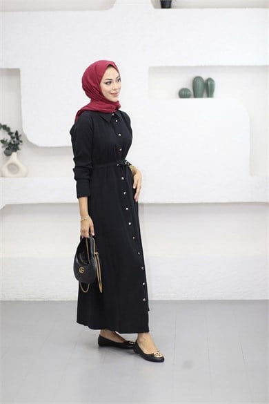 Düğmeli Tencel Gömlek Elbise Siyah 5499