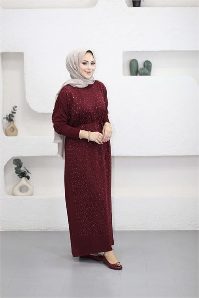 Taşlı Merserize Elbise Bordo 25270