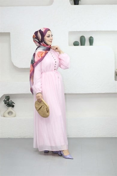 Yarı Düğmeli Elbise Pembe 5353