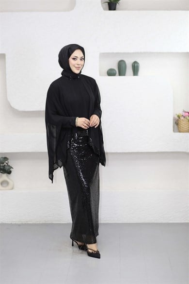 Pelerinli Payet Elbise Siyah 9449