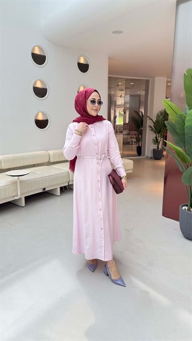Düğmeli Tencel Gömlek Elbise Şeker Pembe 5499