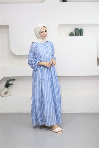 Çizgili Robalı Elbise Mavi 3061