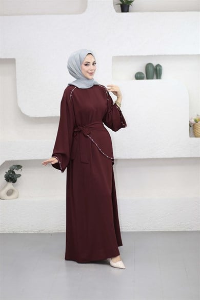 Taş ve Kruvaze Detaylı Elbise Bordo 26122