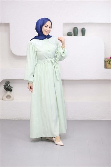 Tül Yaka Elbise Mint 265