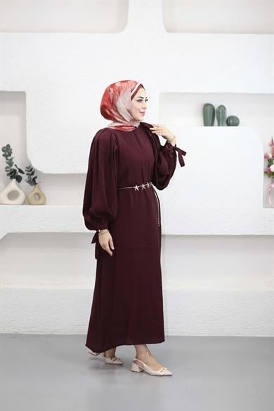 Vatkalı Gold Kemerli Elbise Bordo 5311