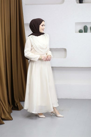 Şal Yakalı Taşlı Takım Bej 7353