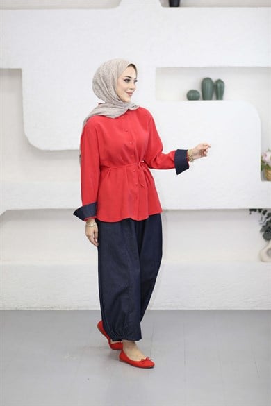 V Denim Detaylı Takım Kırmızı 3213