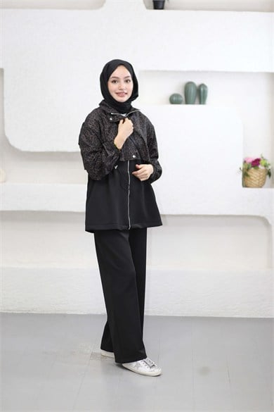 Serpme Taş Leopar Detaylı Takım Siyah 75036