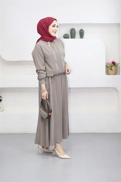 Çift Fermuarlı Etekli Takım Vizon 1535