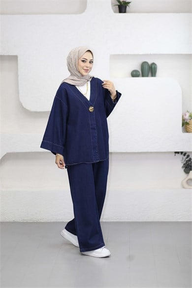 Broşlu Denim Takım Koyu Mavi 9149