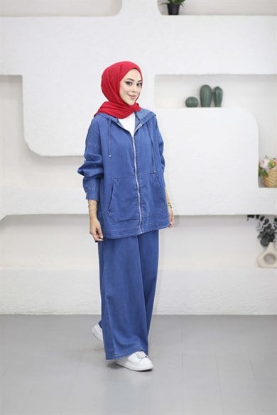 Kanguru Cep Fermuarlı Tencel Takım Açık Mavi 5398