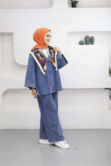 Broşlu Denim Takım Açık Mavi 9149