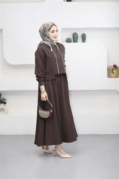 Çift Fermuarlı Etekli Takım Kahverengi 1535