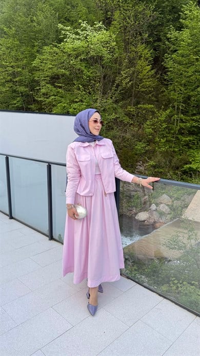 Fermuarlı Coton Etekli Takım Pembe 2163