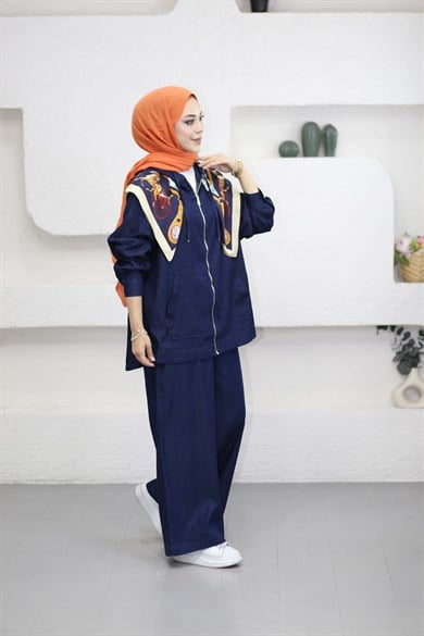 Kanguru Cep Fermuarlı Tencel Takım Koyu Mavi 5398