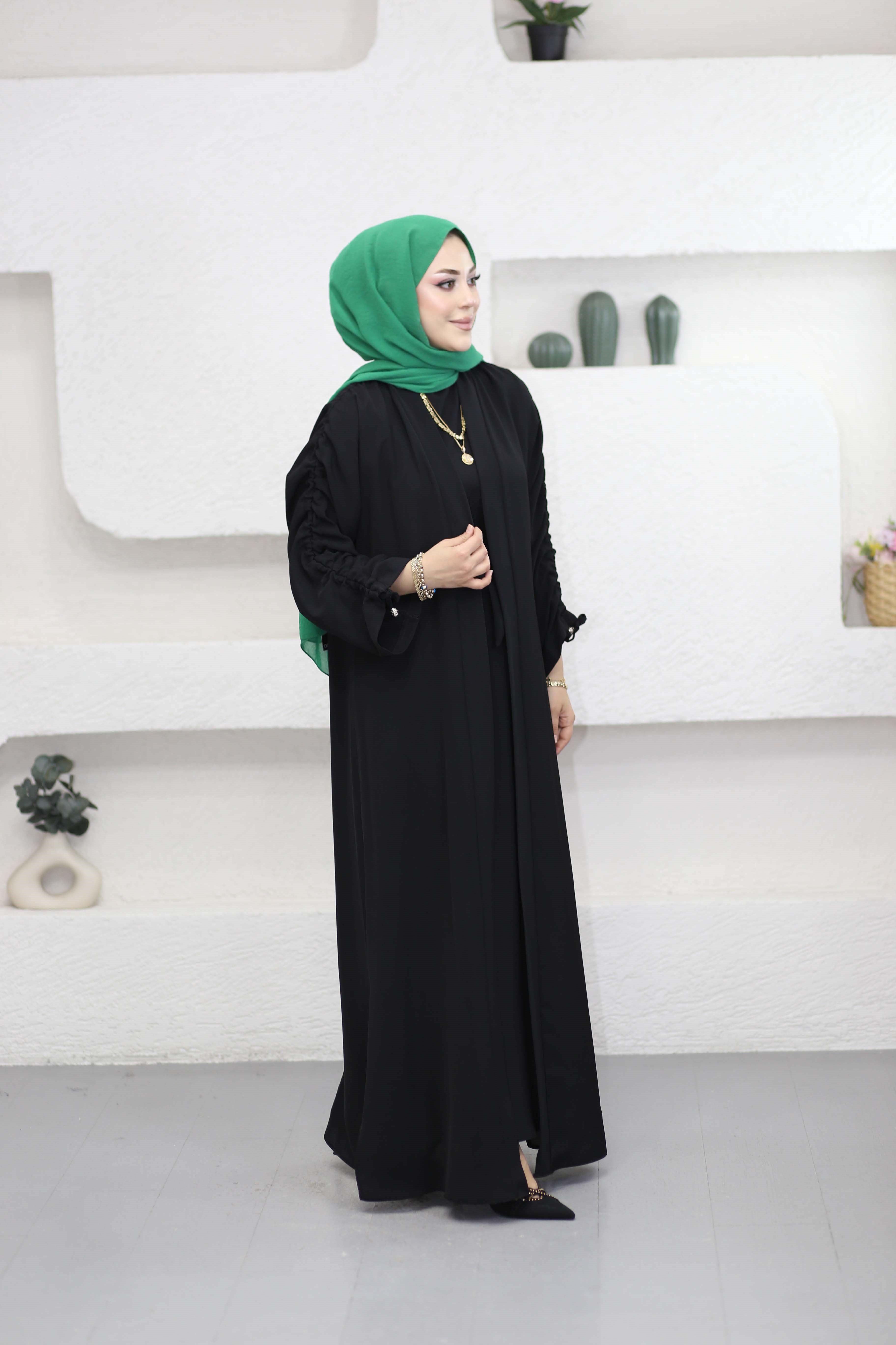 Büzgülü Abaya Siyah 8629