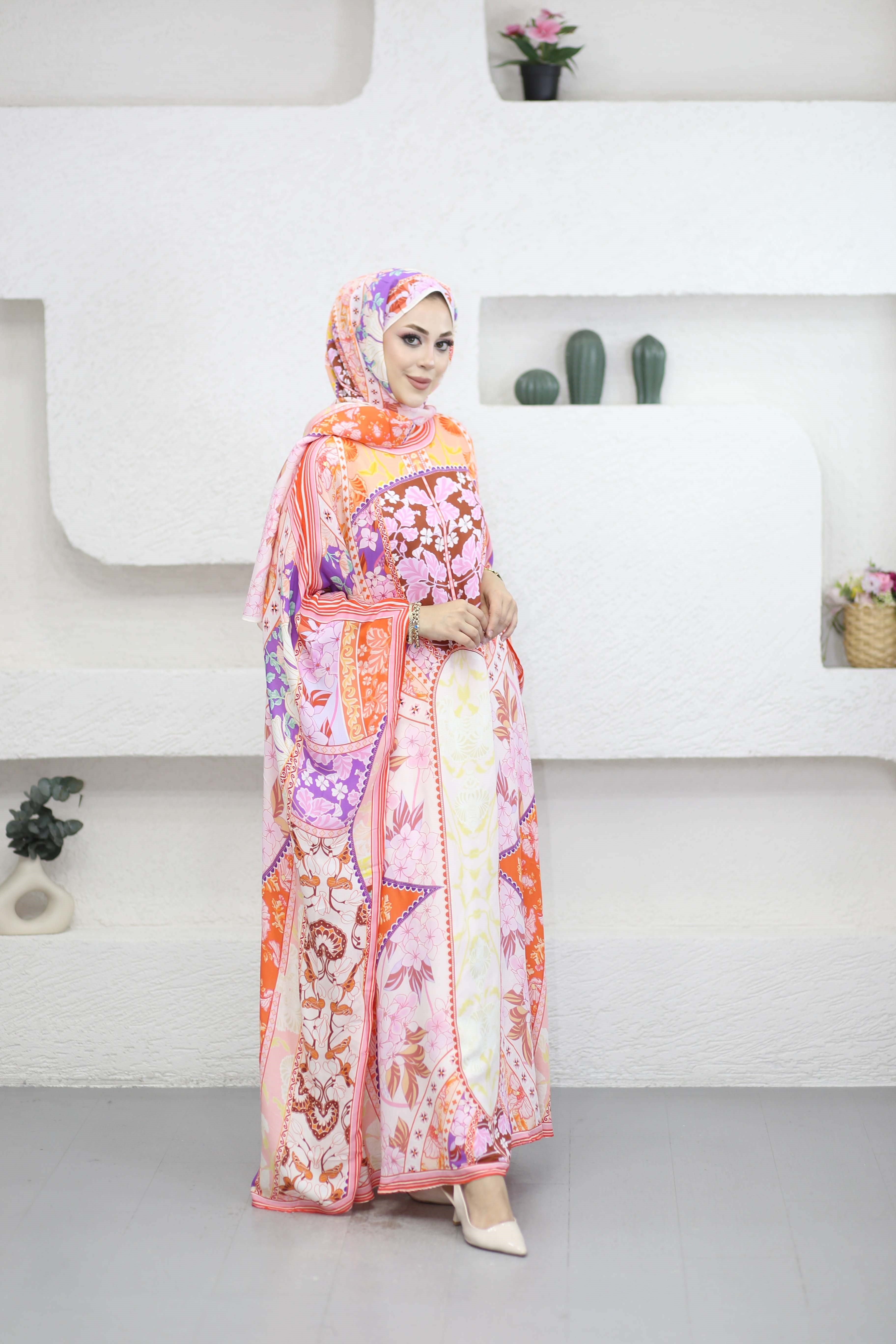 Patchwork Floş Kaftan Pembe 1558