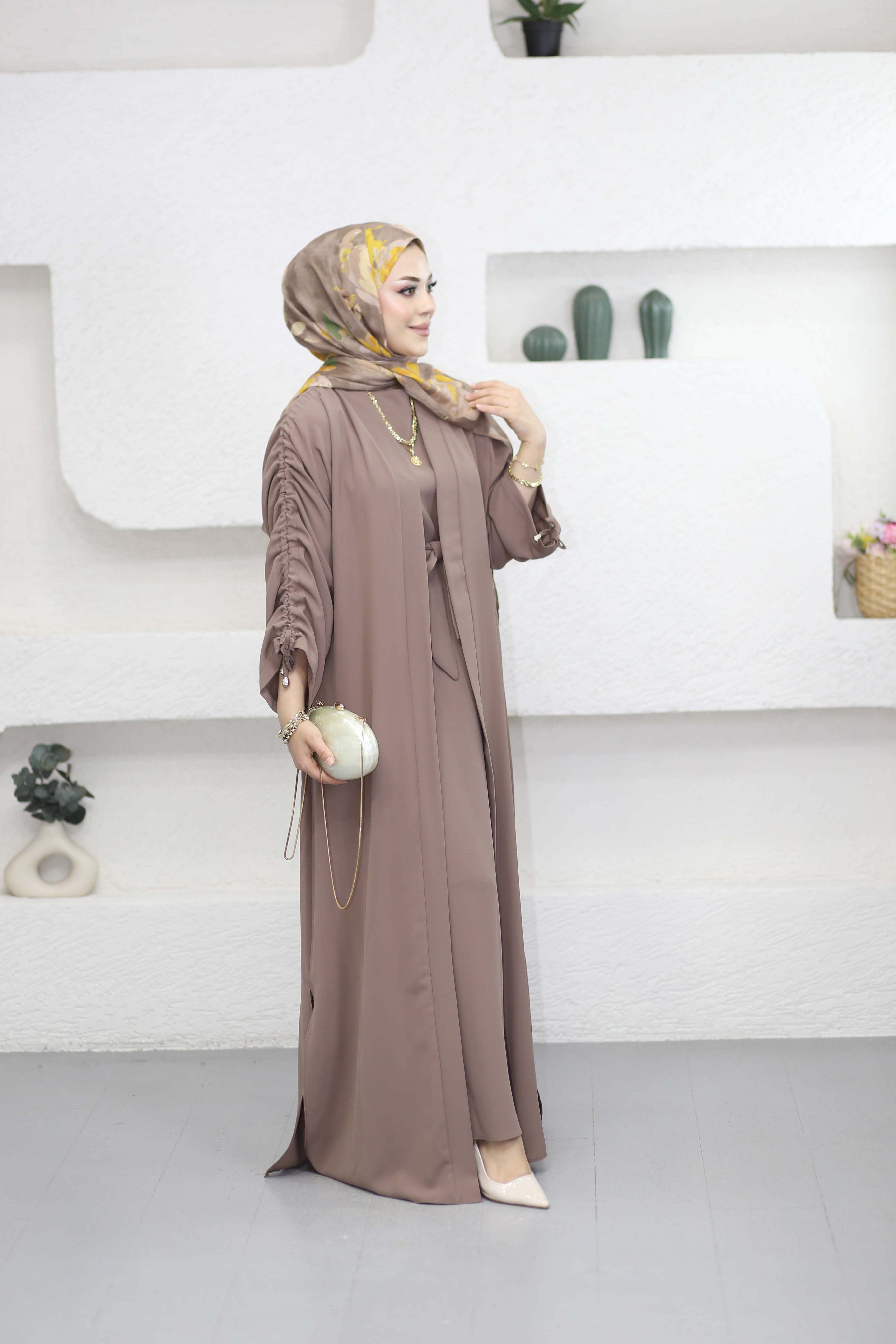 Büzgülü Abaya Vizon 8629