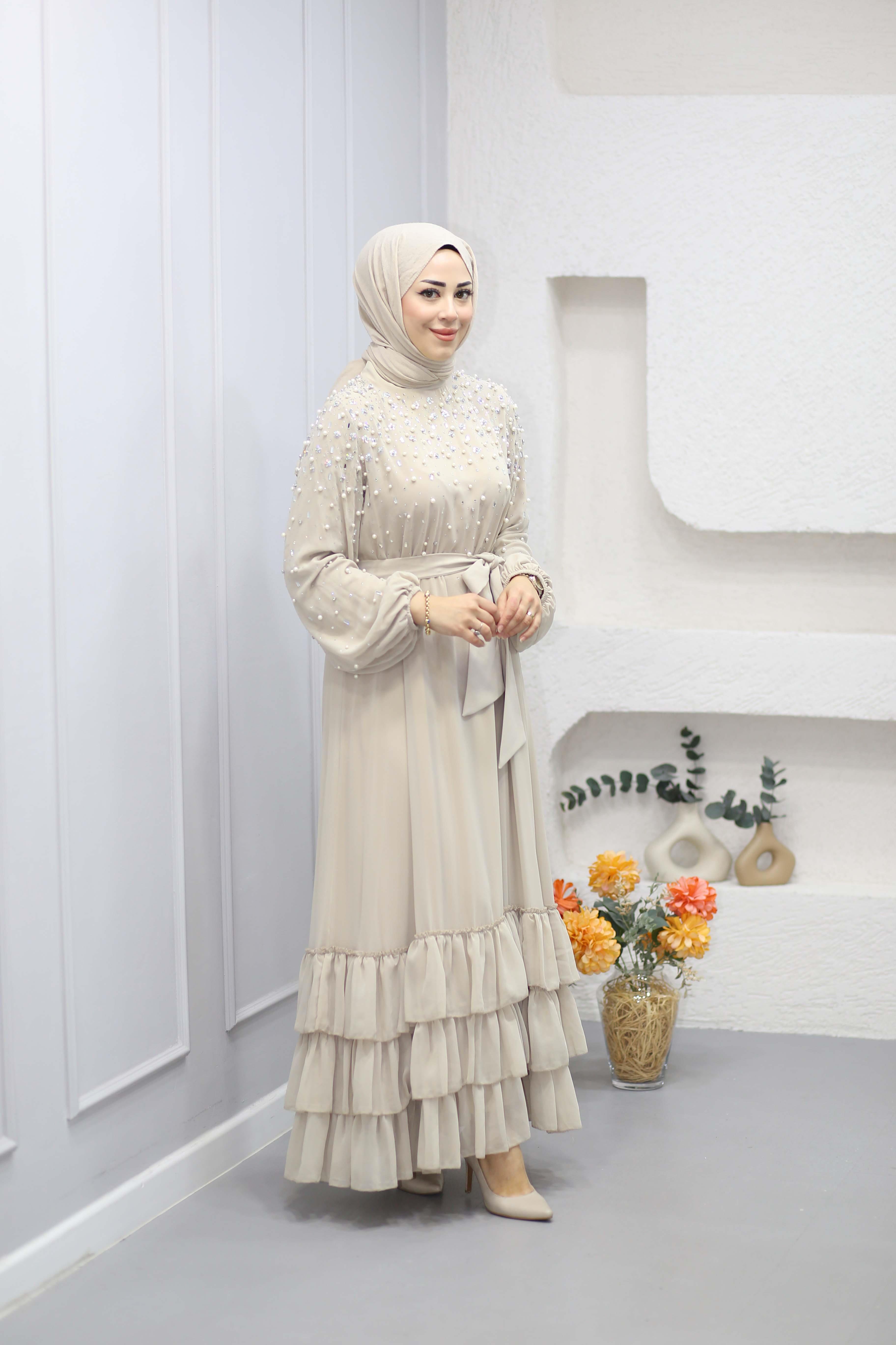 Taş Ve İnci Çakımlı Şifon Elbise Bej 4150