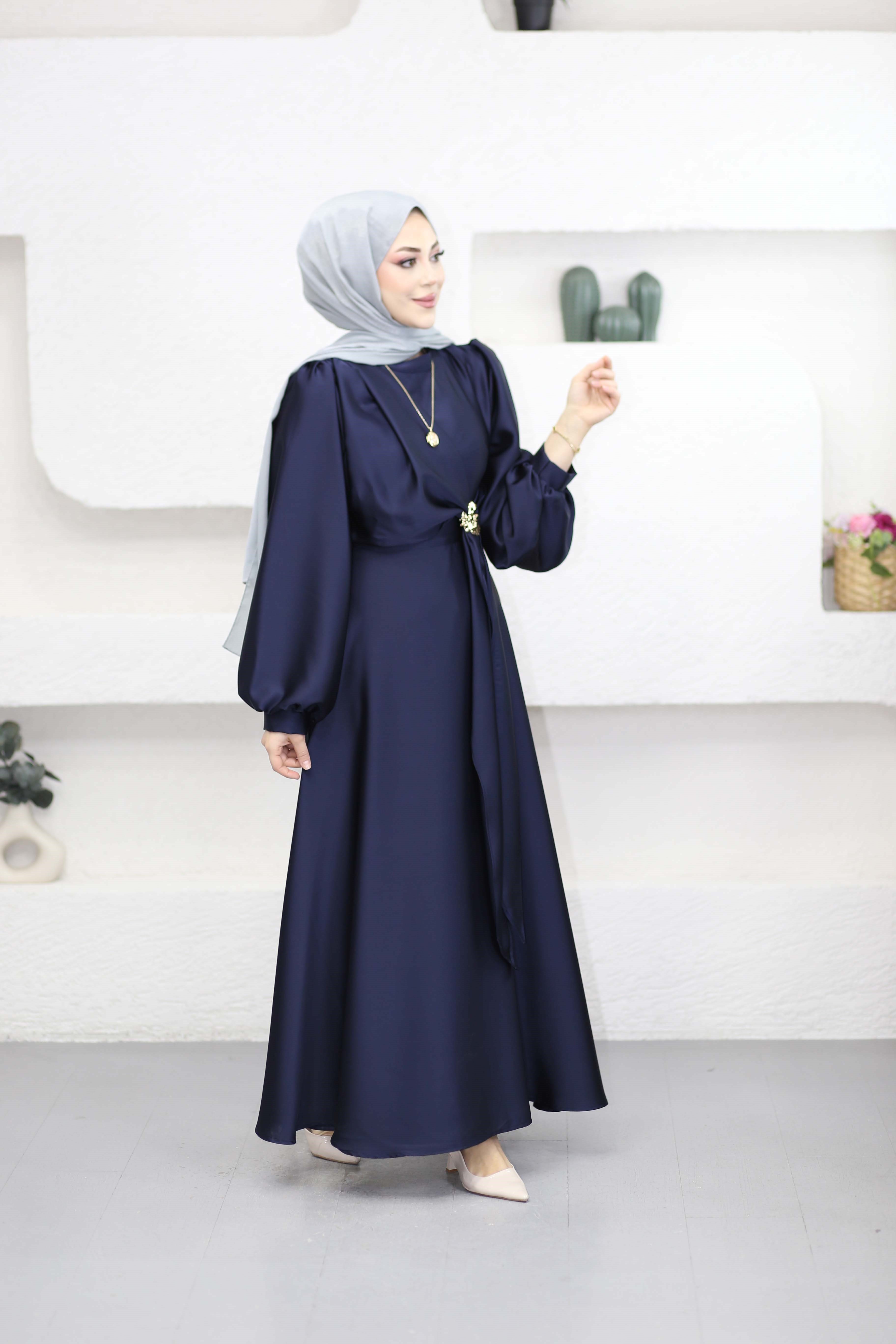 Zerrin Saten Elbise Lacivert 1015