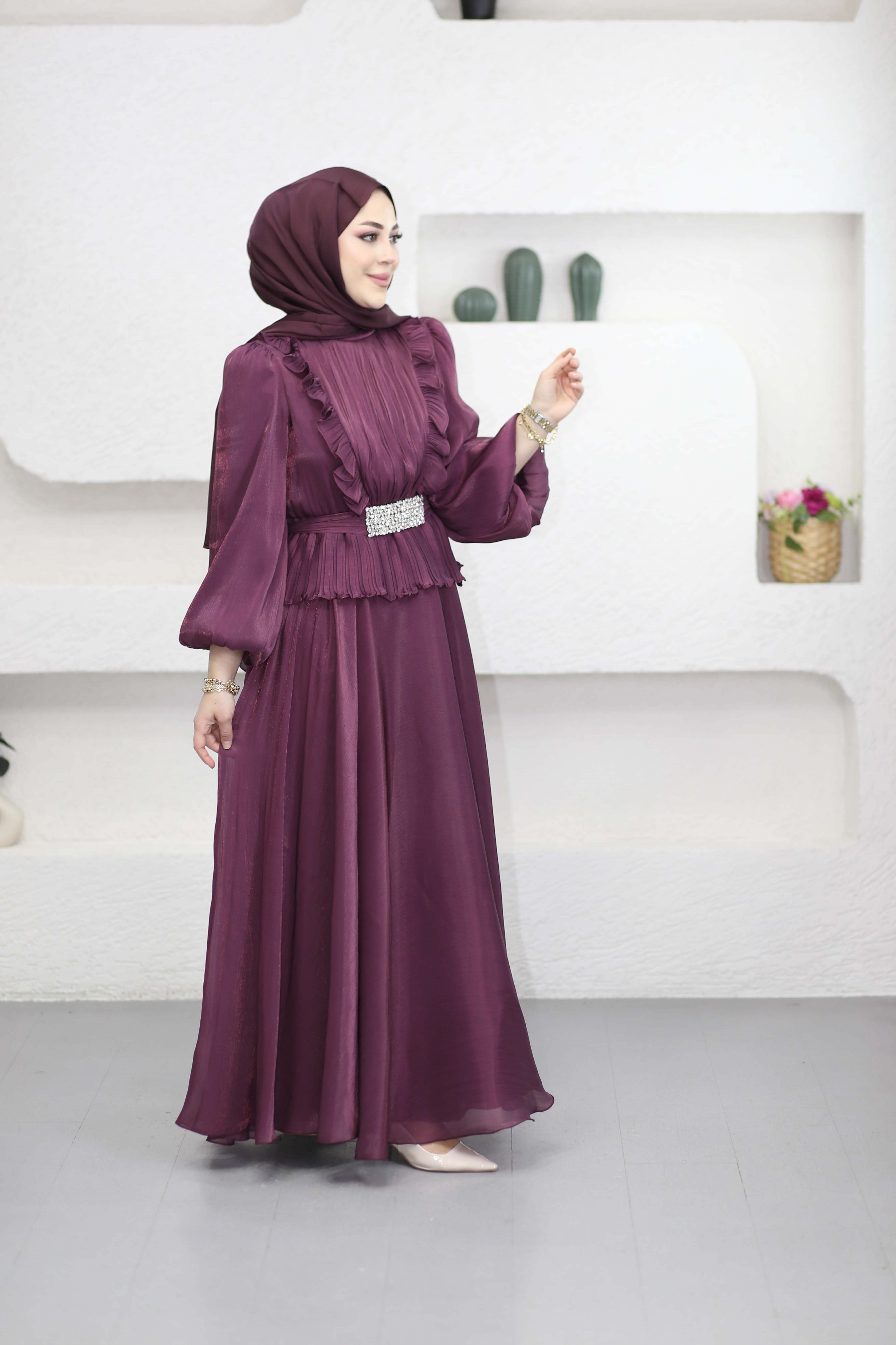 Taş Kemerli Abiye Mürdüm 9801