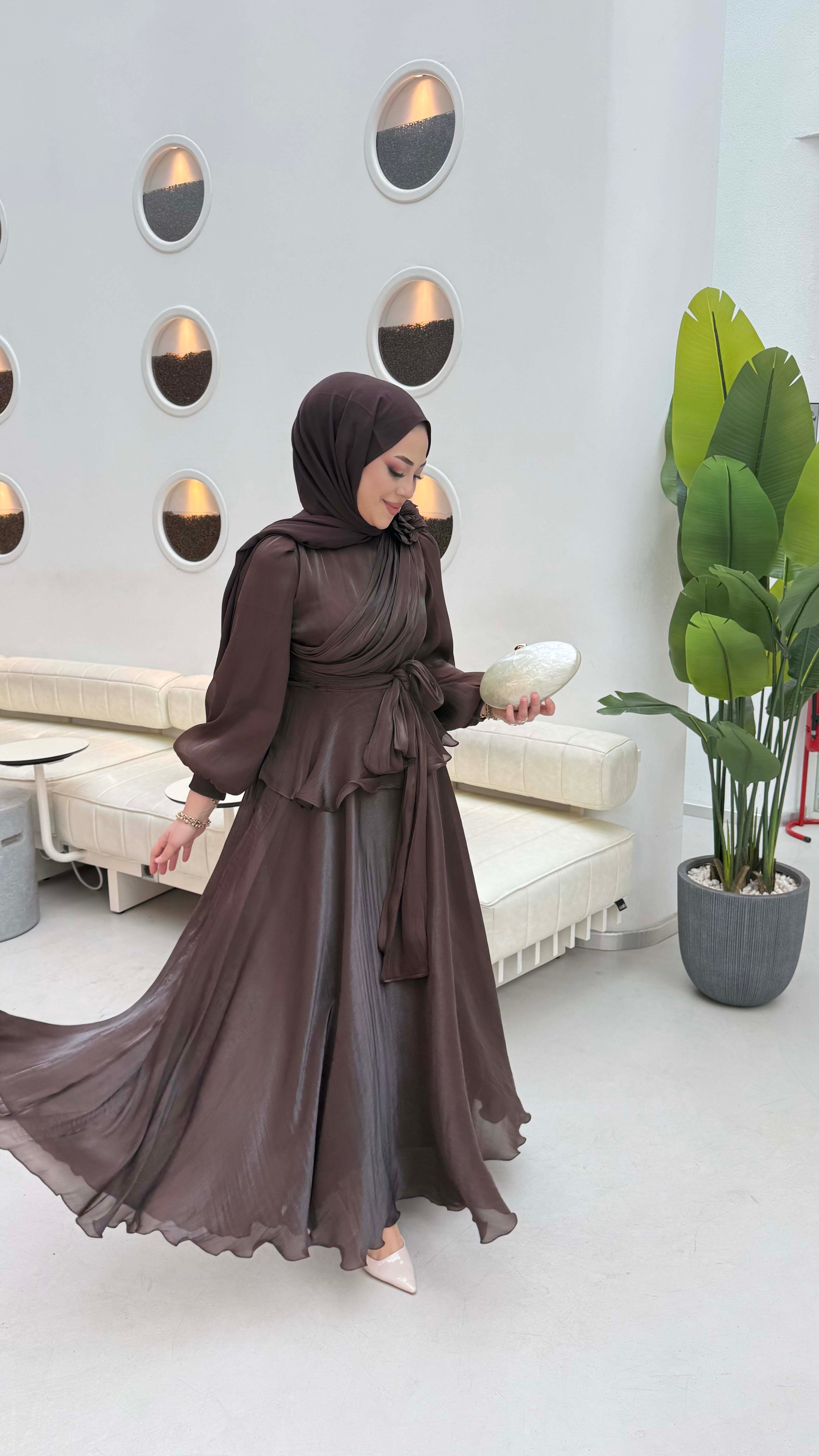 Broş Detaylı Abiye Kahverengi 9593