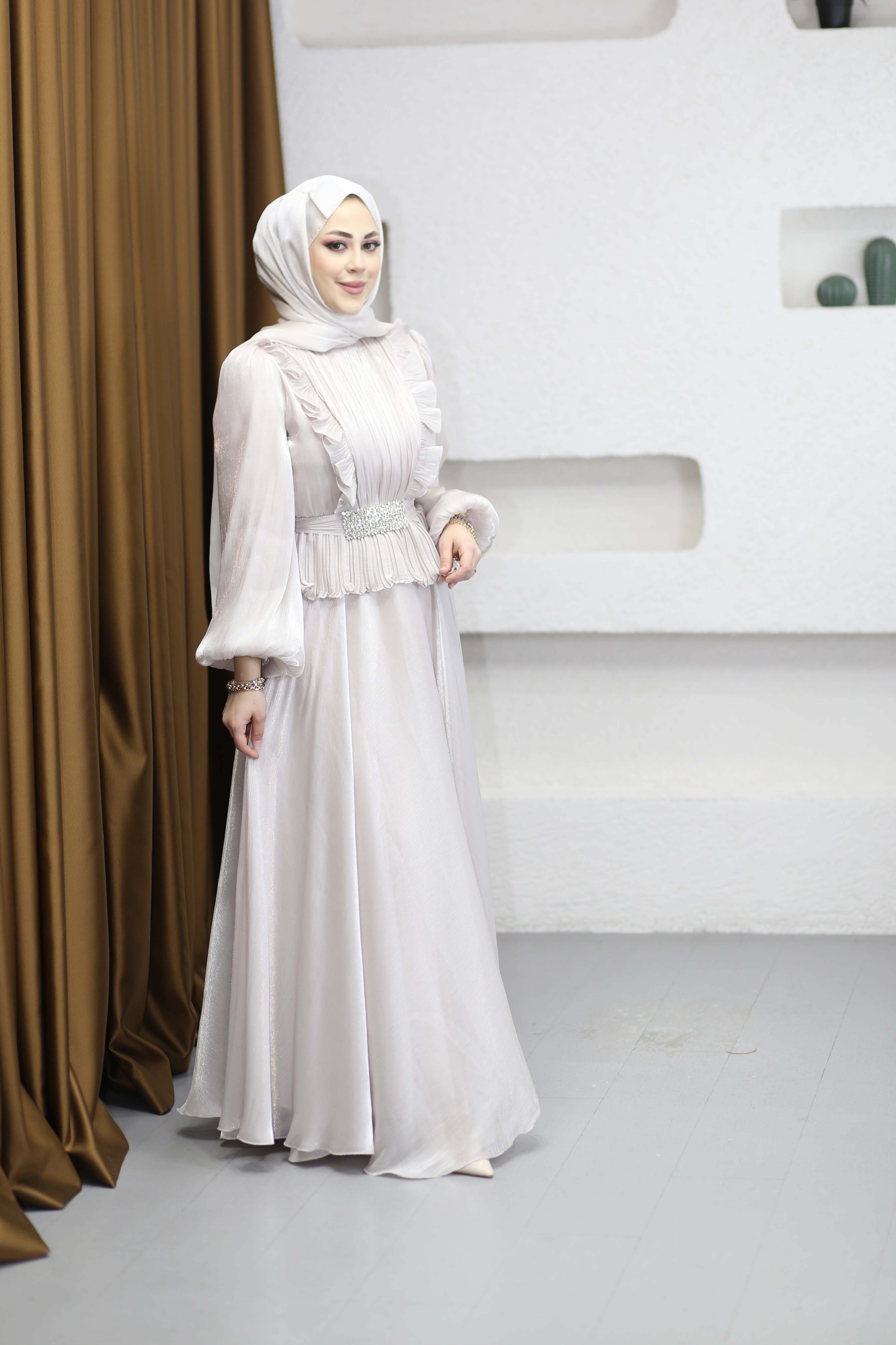 Taş Kemerli Abiye Bej 9801