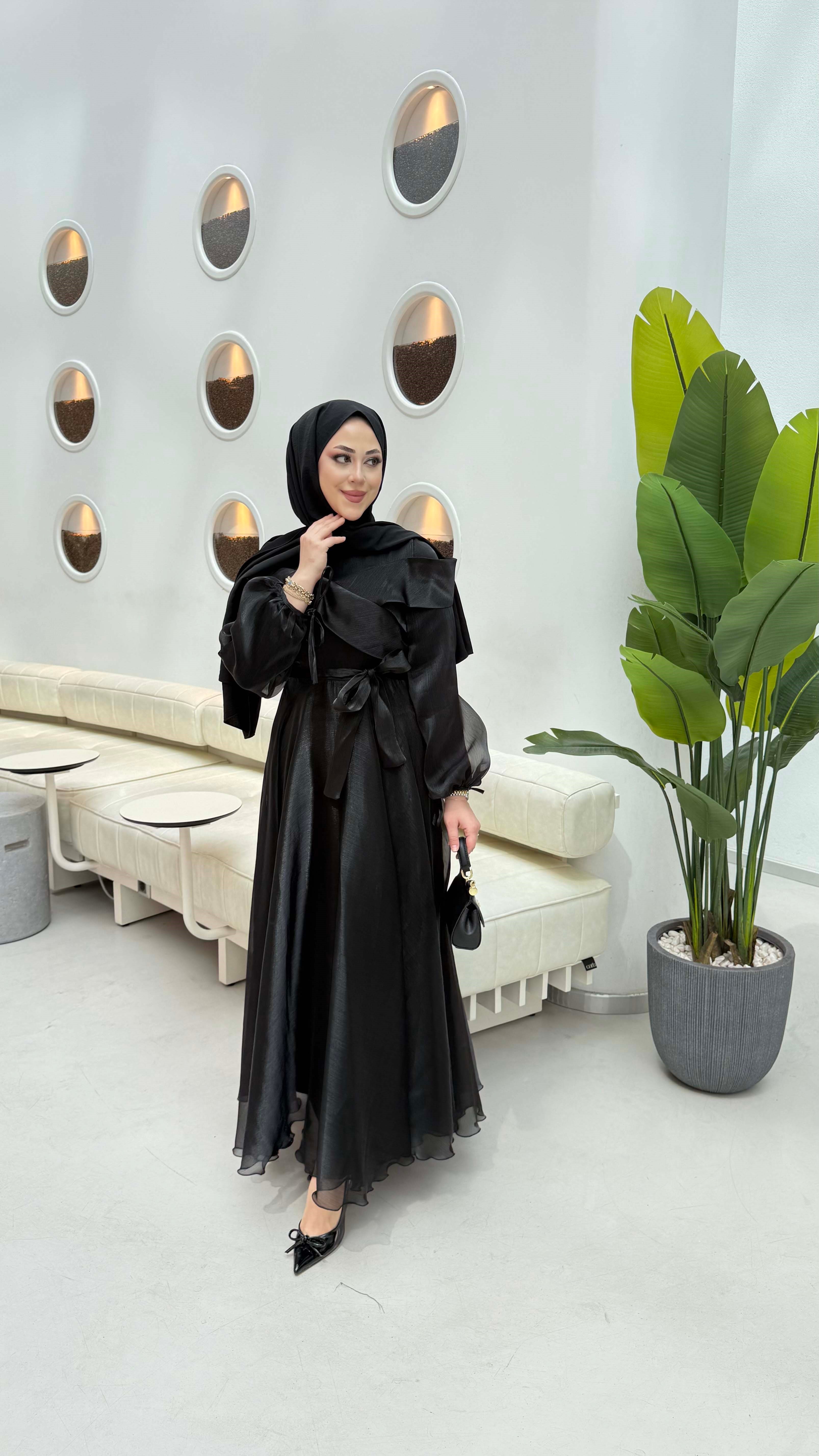 Kol Detaylı Tafta Abiye Siyah 9476