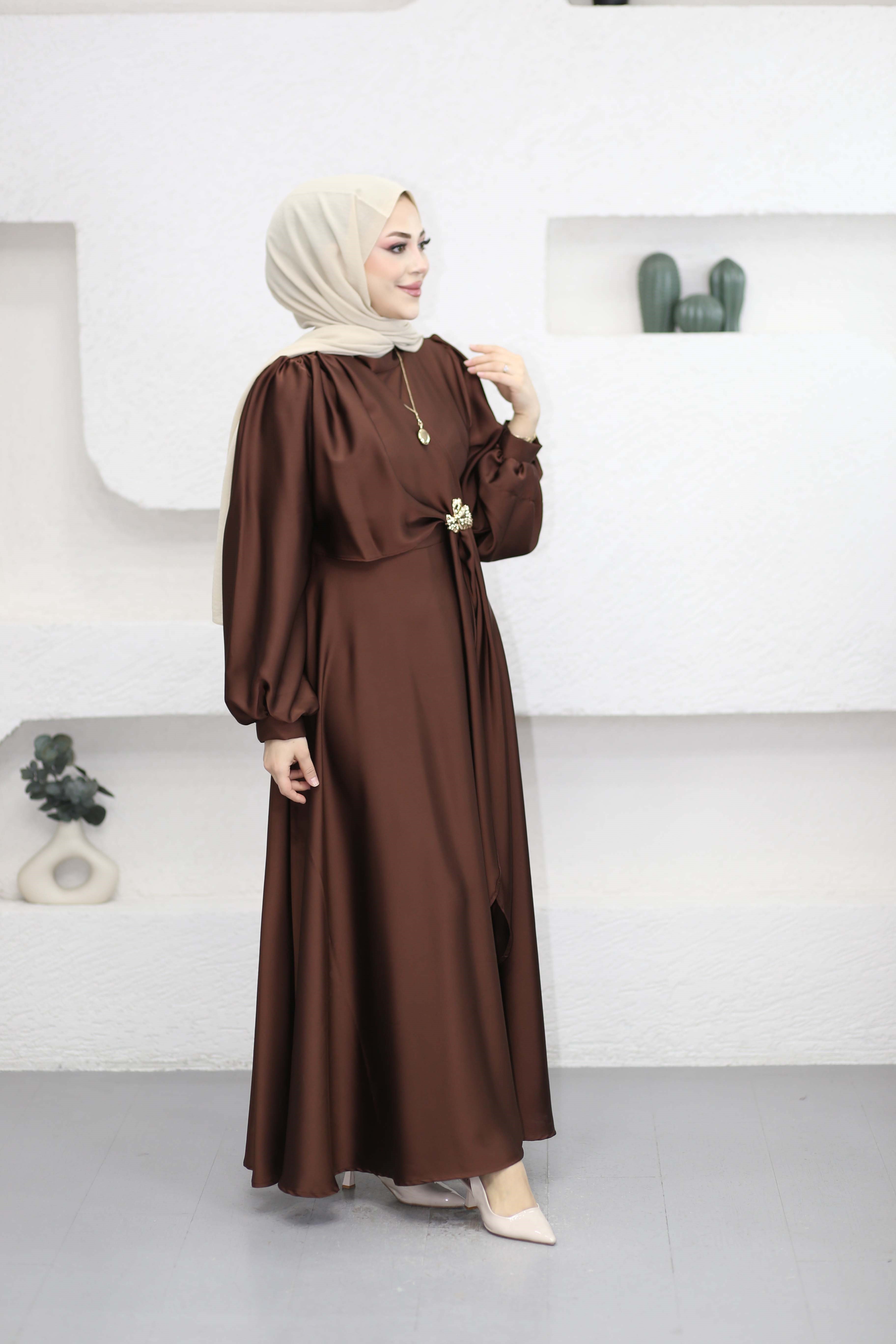 Zerrin Saten Elbise Kahverengi 1015