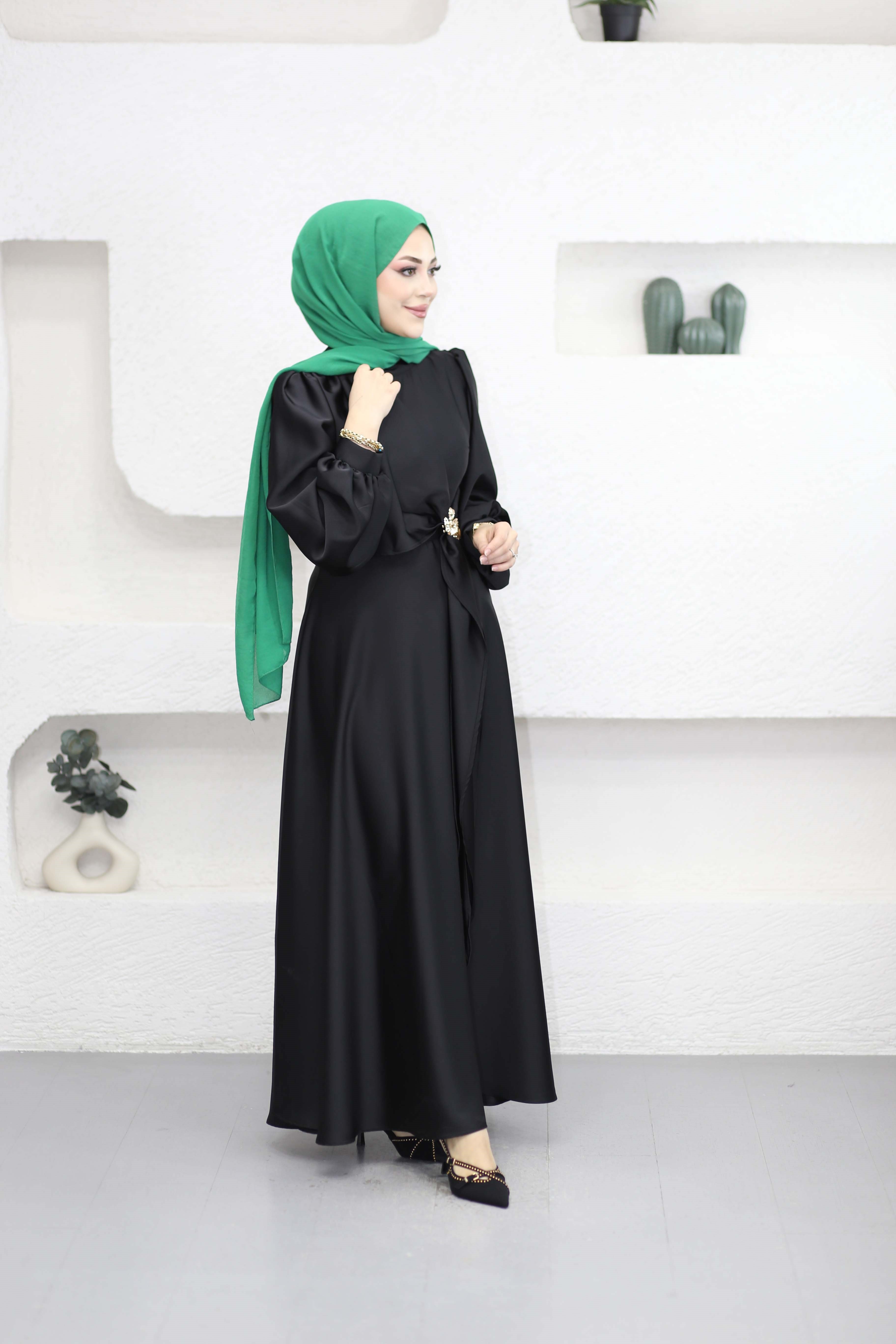 Zerrin Saten Elbise Siyah 1015