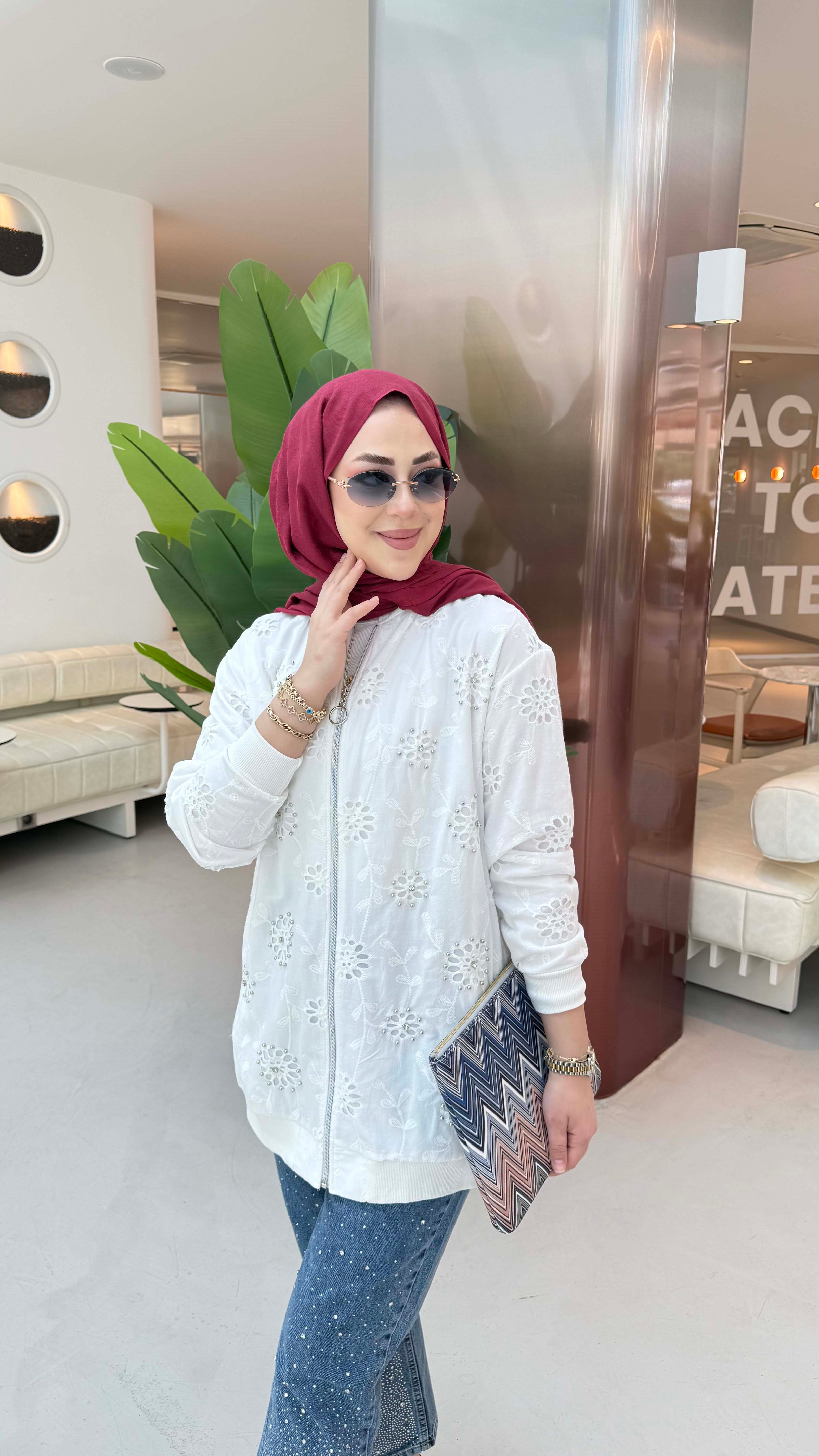 Lazer Kesim Bomber Ceket Beyaz 2000