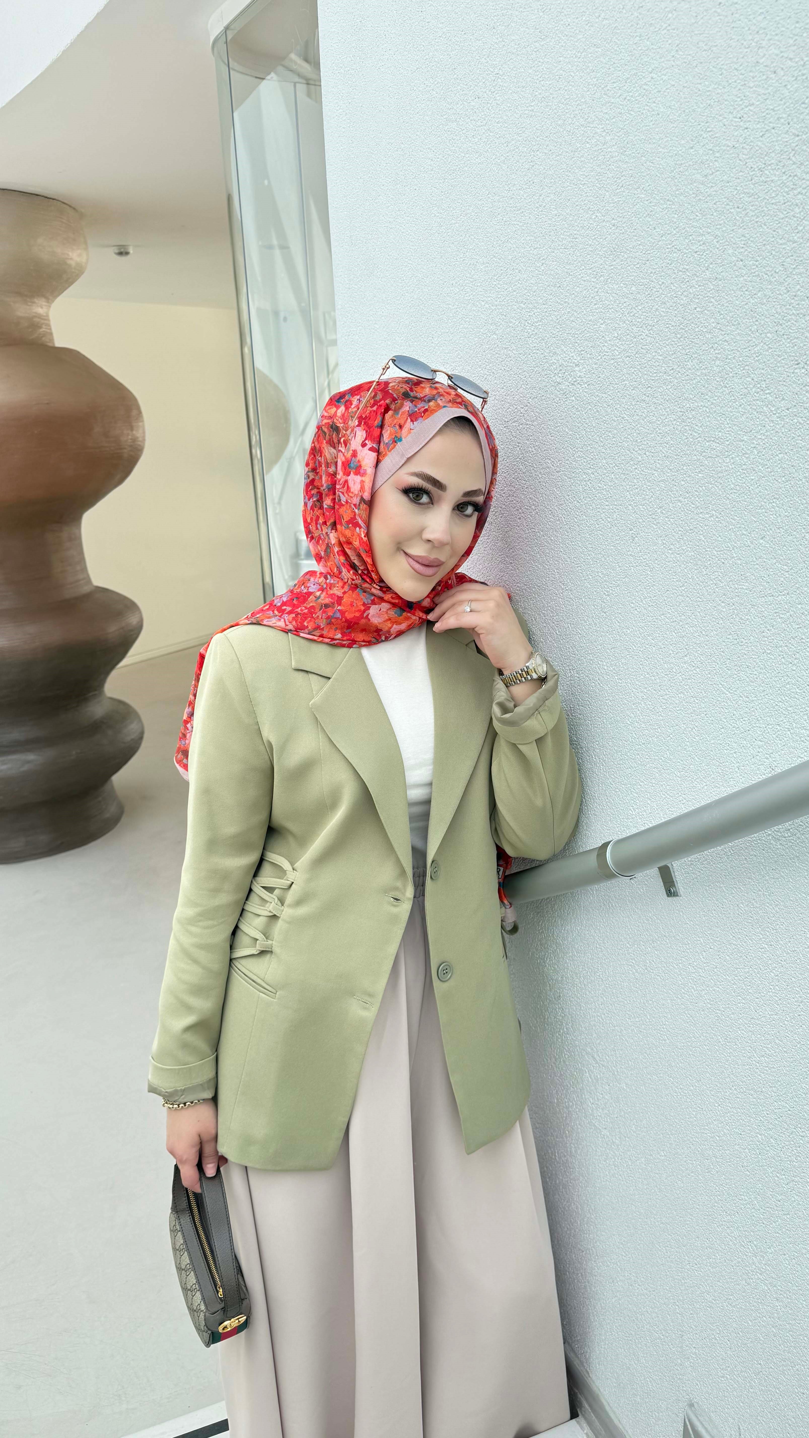 Yanları Bağlama Detaylı Ceket Yağ Yeşili 1287