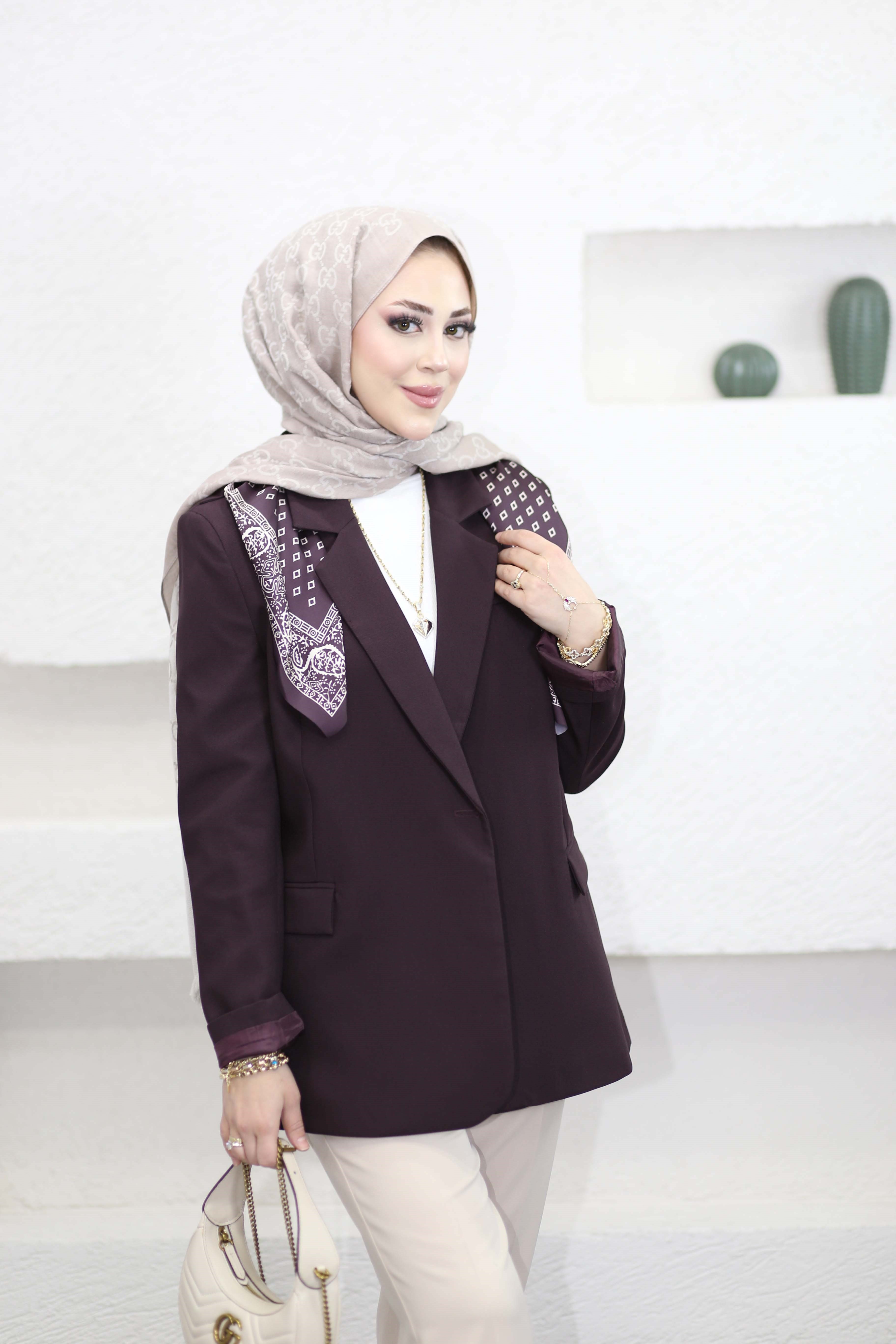 Fular Detaylı Blazer Ceket Mürdüm 7665